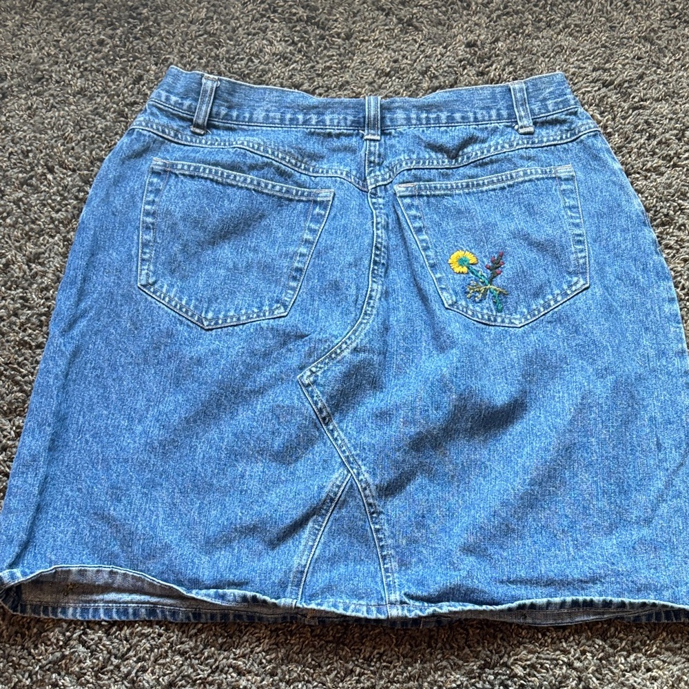 Embroidered Blue Denim A-Line Skirt - Picture 3 of 4